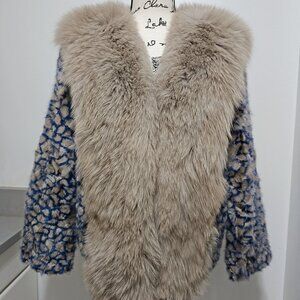 New Real Mink Fur Jacket Coat Oversized Blue Silver Fox Fur Collar Geometric